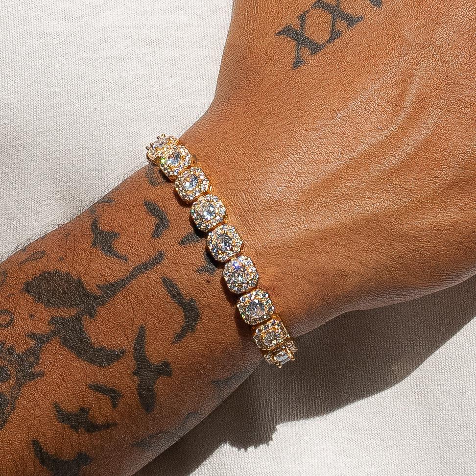 10mm Clustered Tennis Bracelet in Gold with hand-set stones on wrist.