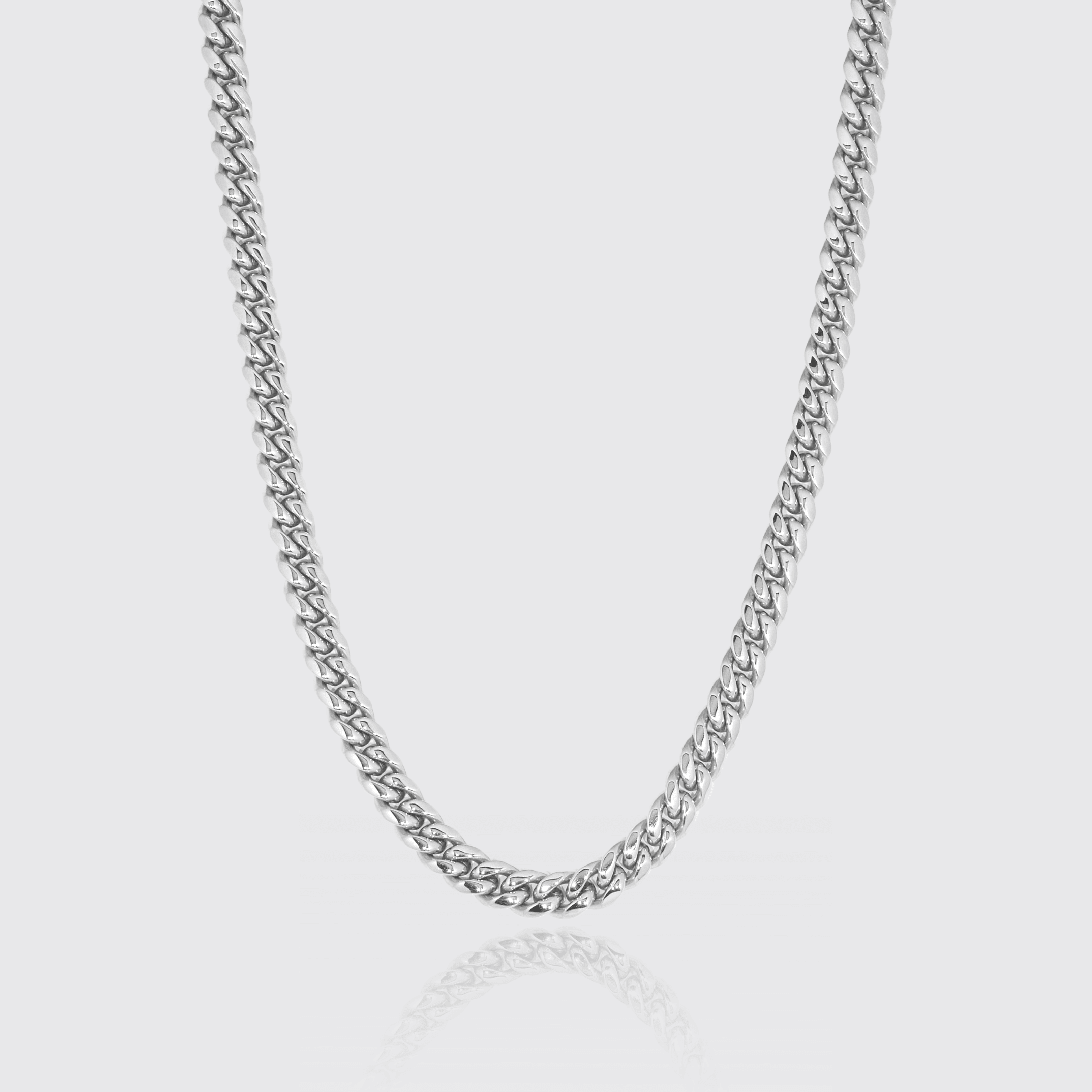 10mm white gold Cuban chain with polished finish and 18K plating.