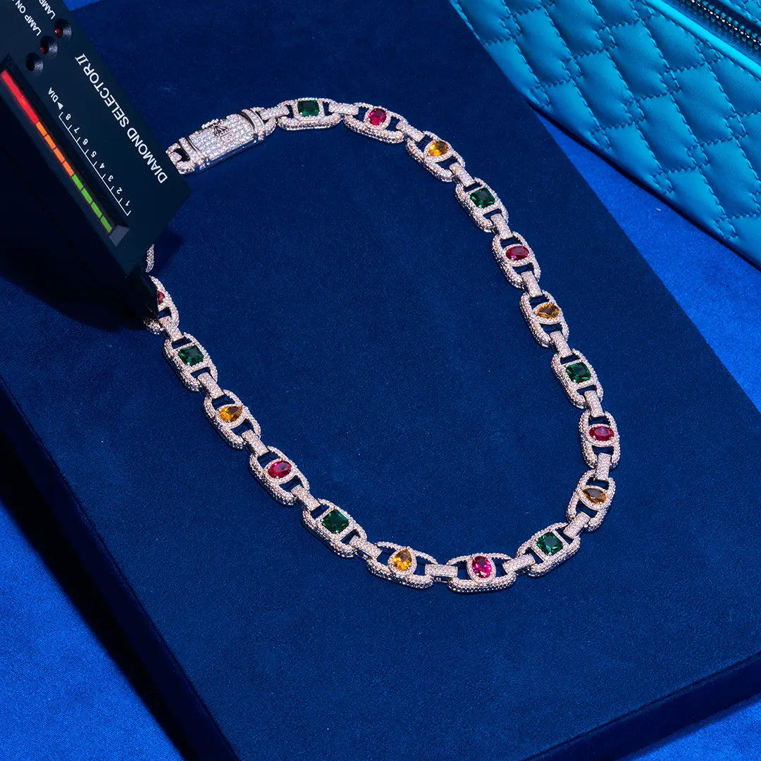 Moissanite Diamond Multicolor Cluster Mariner Chain - 925 Silver - D Colour - VVS1