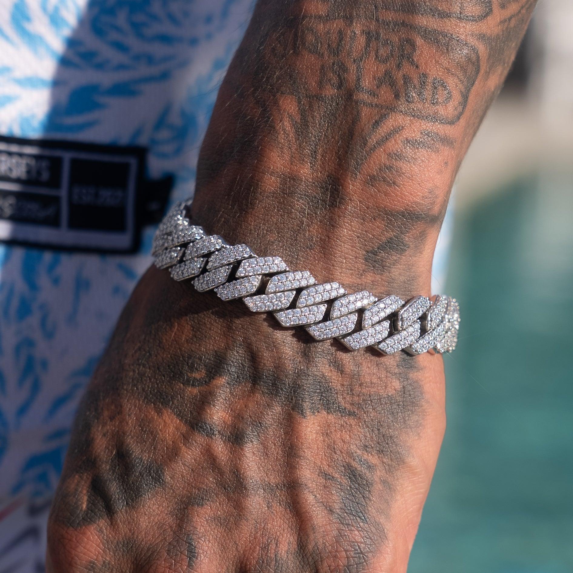14mm Moissanite Cuban Bracelet in 925 silver with VVS1 clarity and D colour stones on wrist