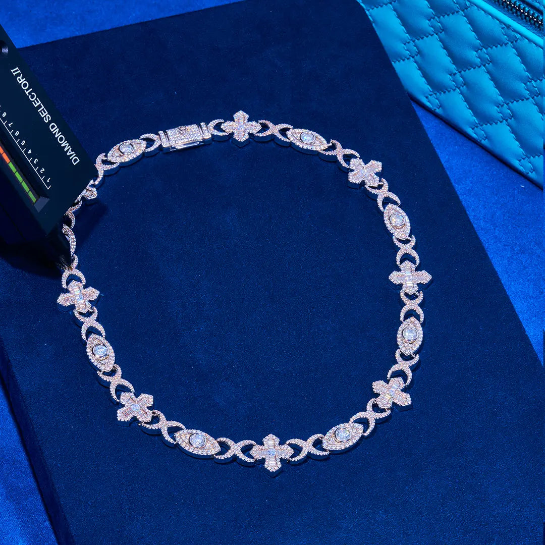 Baguette Cross Evil Eye Chain - White Gold