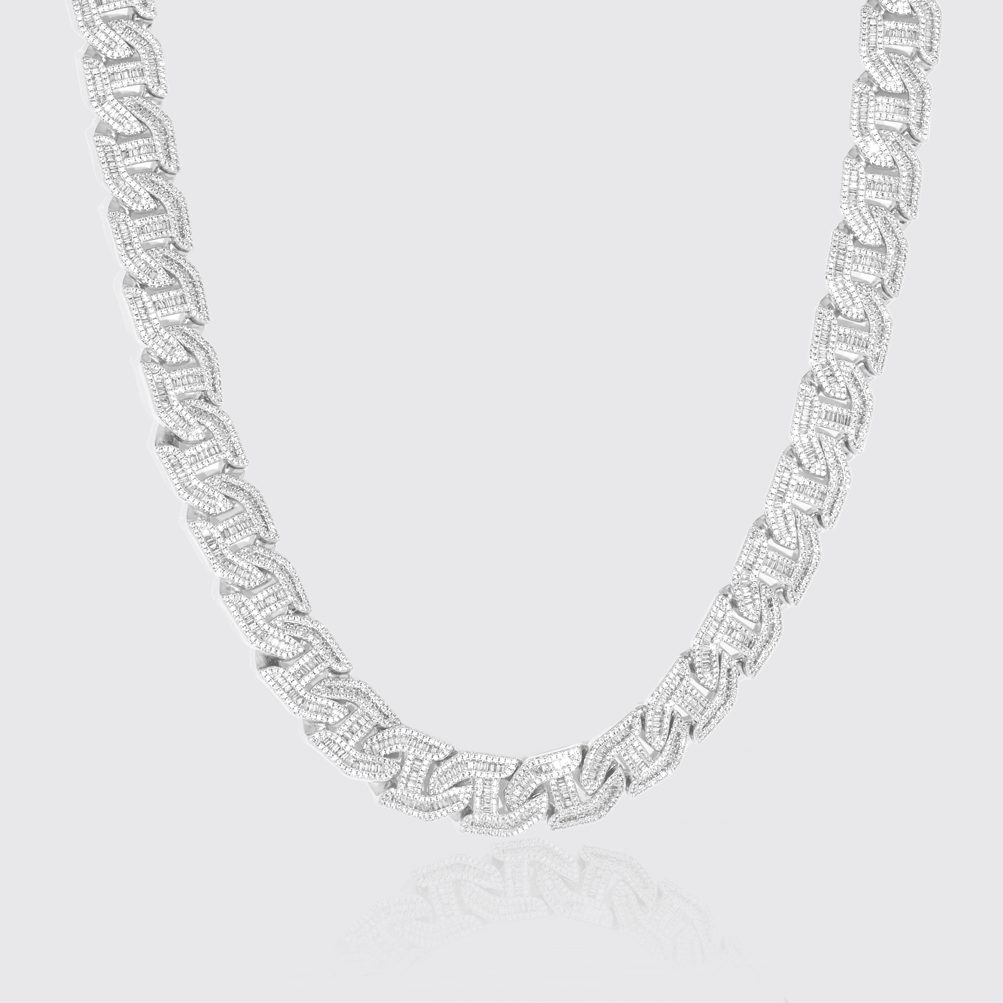 17mm white gold G Link chain with baguette stones and diamond simulants.