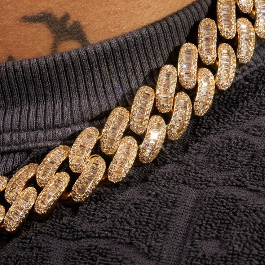 17mm Moissanite Baguette Prong Link Cuban Chain -18k Vermeil - D Colour - VVS1