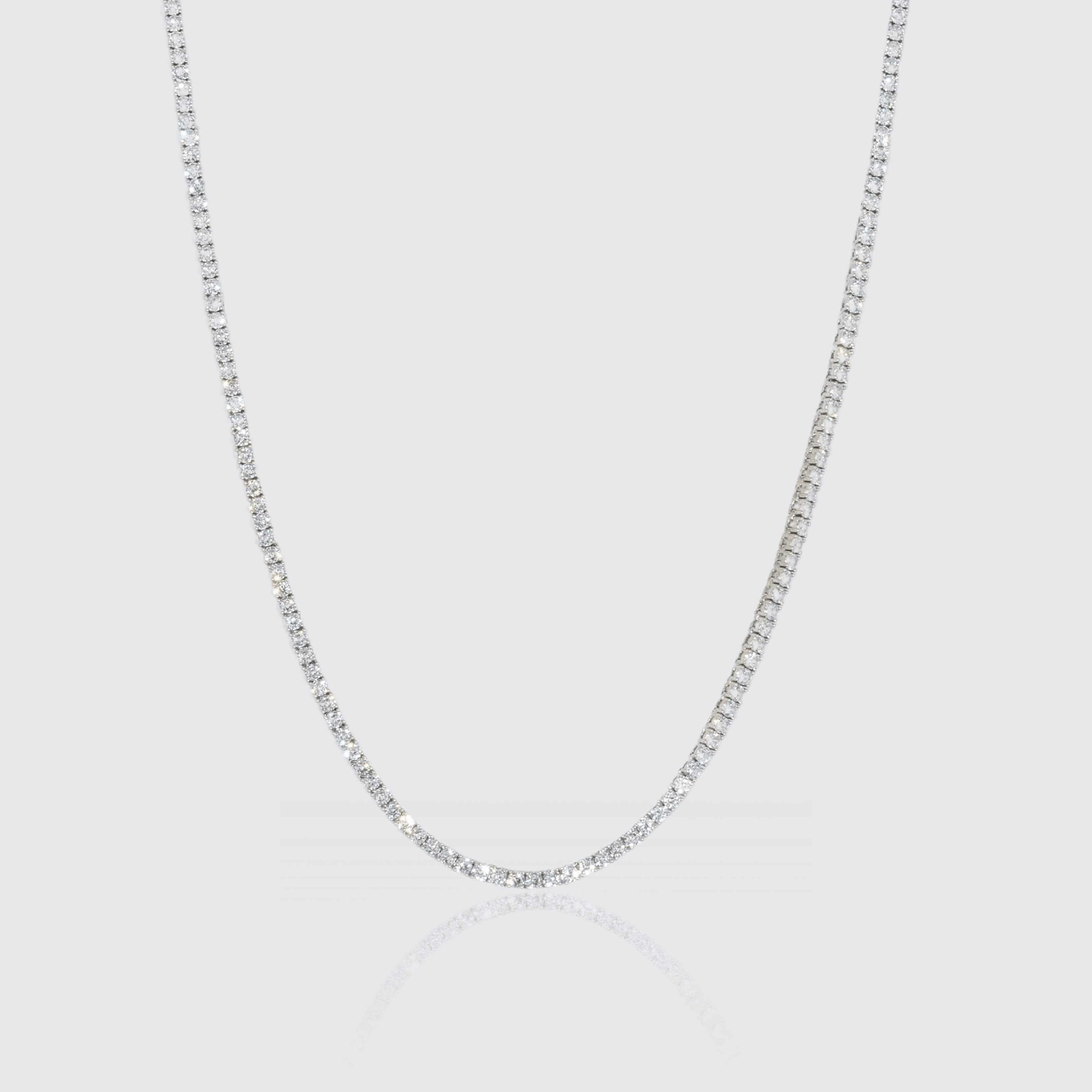 3mm IGI diamond tennis chain in white gold, 15.3ctw, VVS1 clarity.