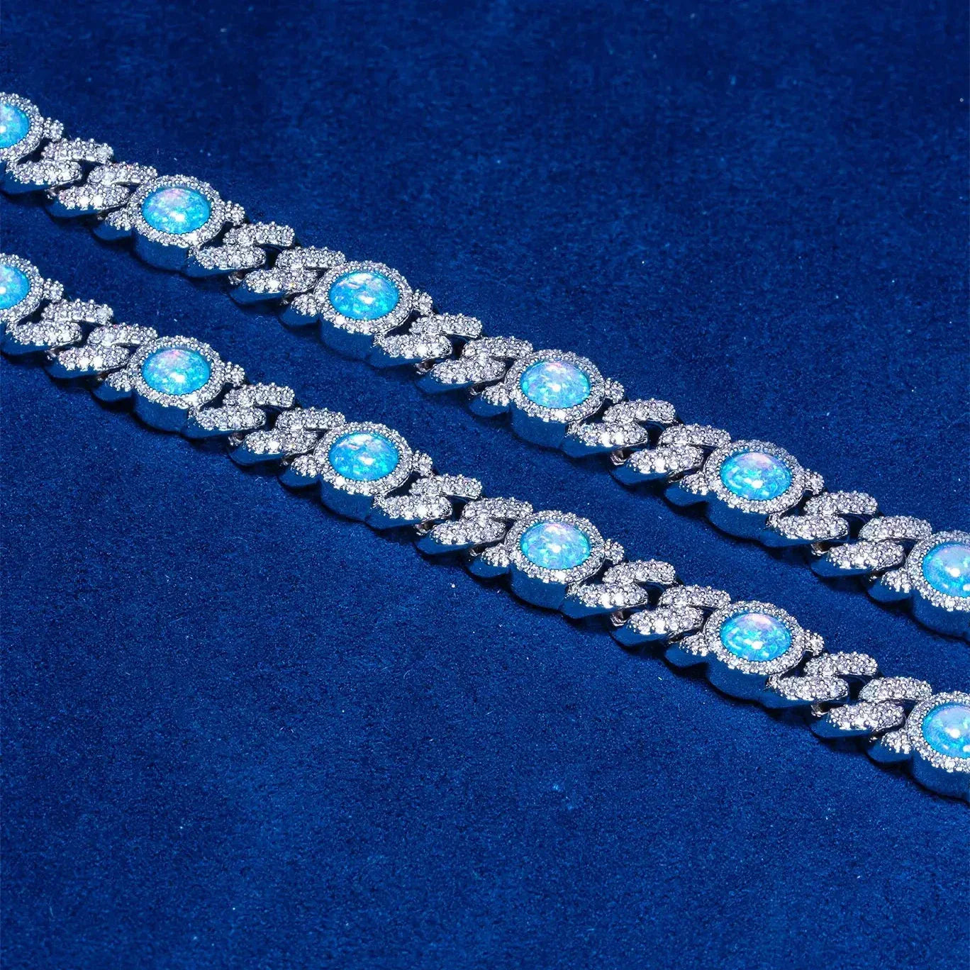 8MM Blue Moissanite Opal Classic Cuban Chain - 925 Silver - D Colour - VVS1