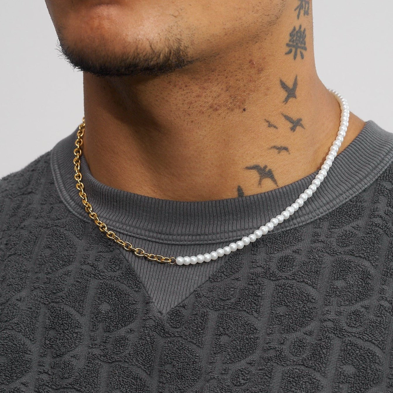 4mm Half Pearl & Cable Necklace - Gold (MENS)
