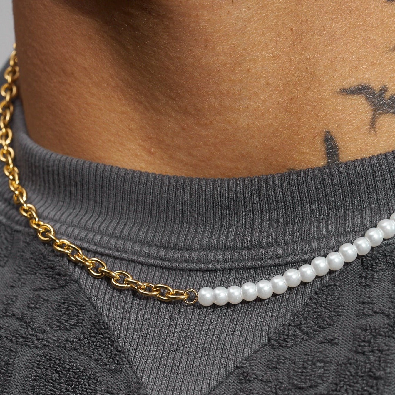 4mm Half Pearl & Cable Necklace - Gold (MENS)