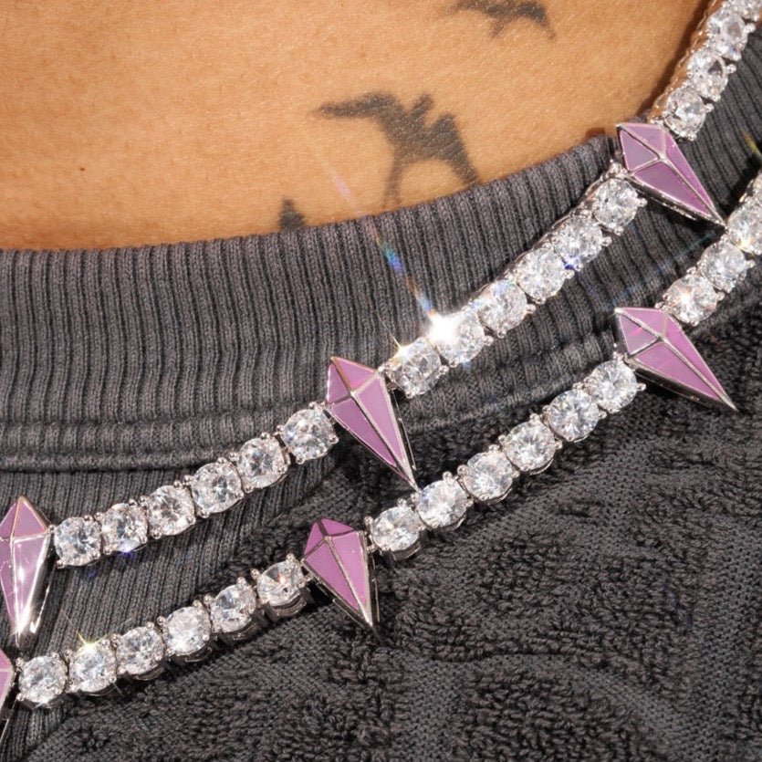 5mm Moissanite PINK PAVE SPIKE TENNIS CHAIN - 925 Silver - D Colour - VVS1