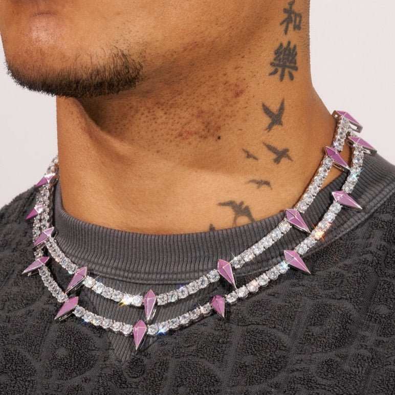 5mm Moissanite PINK PAVE SPIKE TENNIS CHAIN - 925 Silver - D Colour - VVS1