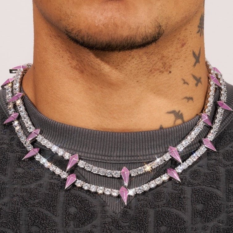 5mm Moissanite PINK PAVE SPIKE TENNIS CHAIN - 925 Silver - D Colour - VVS1