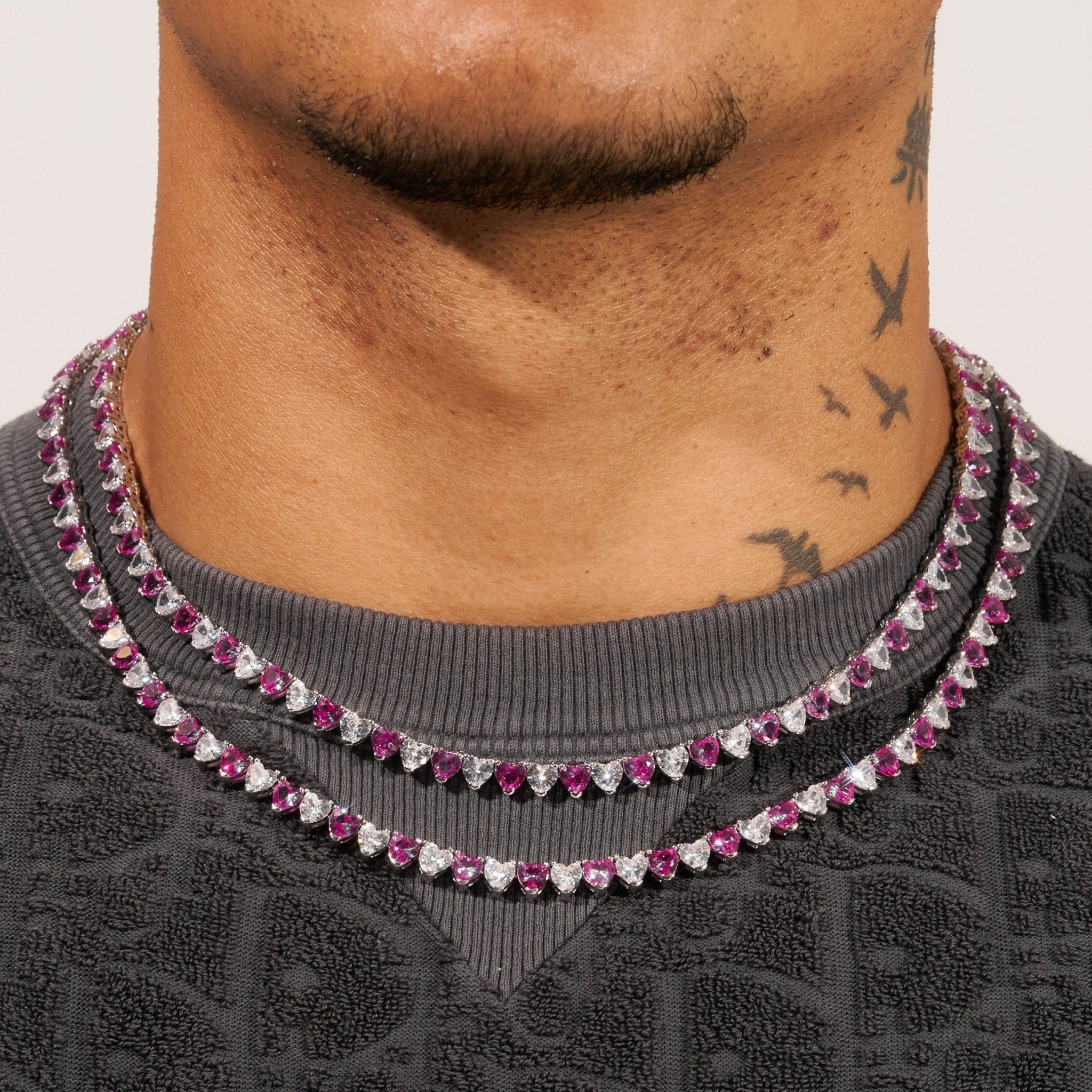 5mm WHITE & PINK HEART TENNIS CHAIN - WHITE GOLD