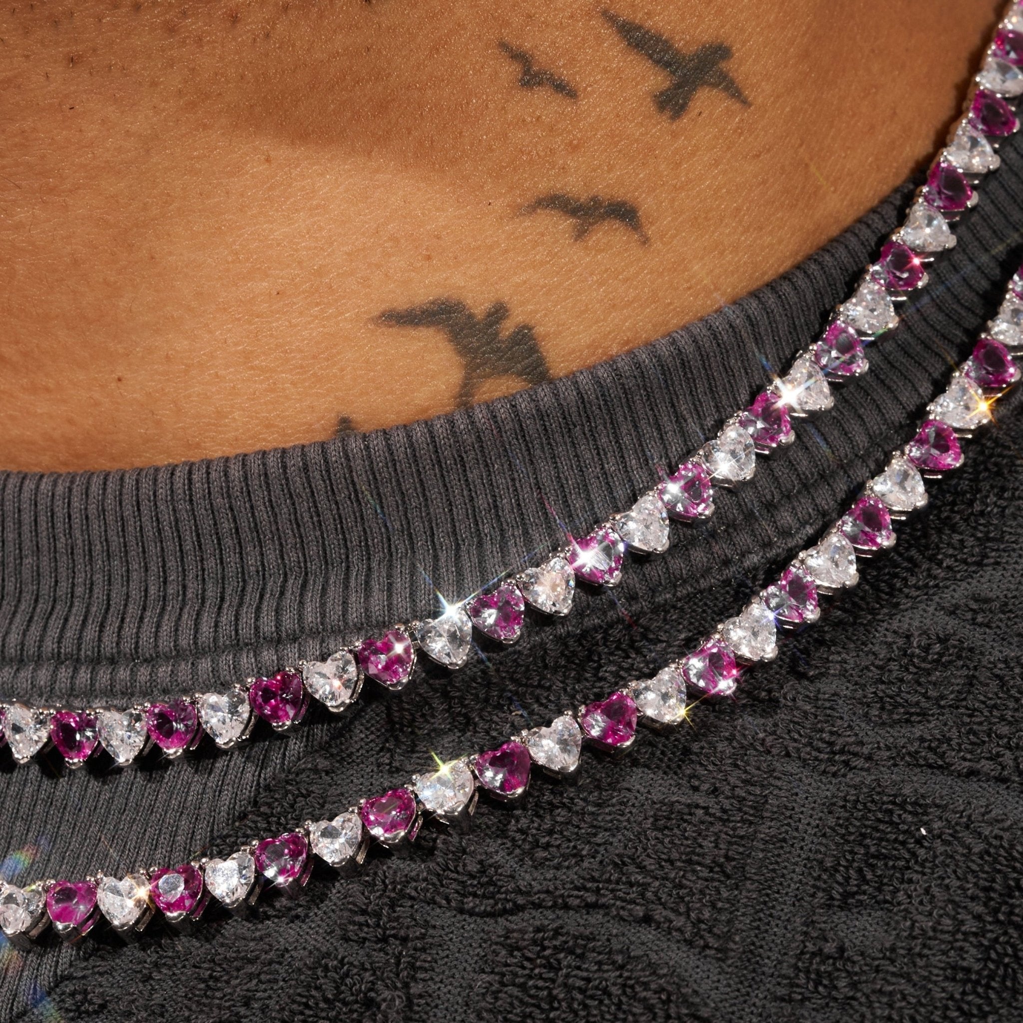 5mm WHITE & PINK HEART TENNIS CHAIN - WHITE GOLD
