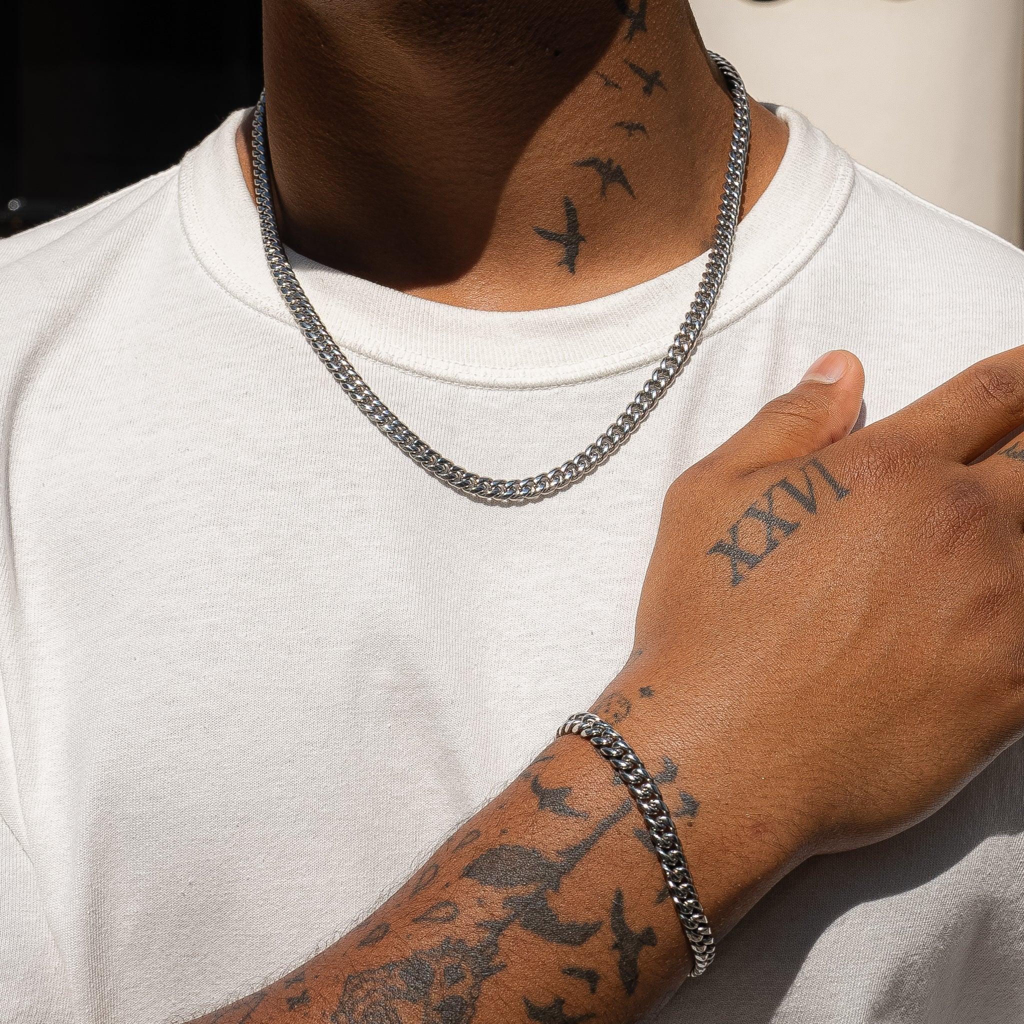 6mm Cuban Chain and Bracelet Set in White Gold on Tattooed Model