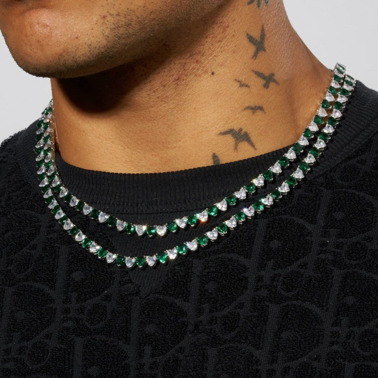 5mm Moissanite WHITE & GREEN HEART TENNIS CHAIN - 925 Silver - D Colour - VVS1