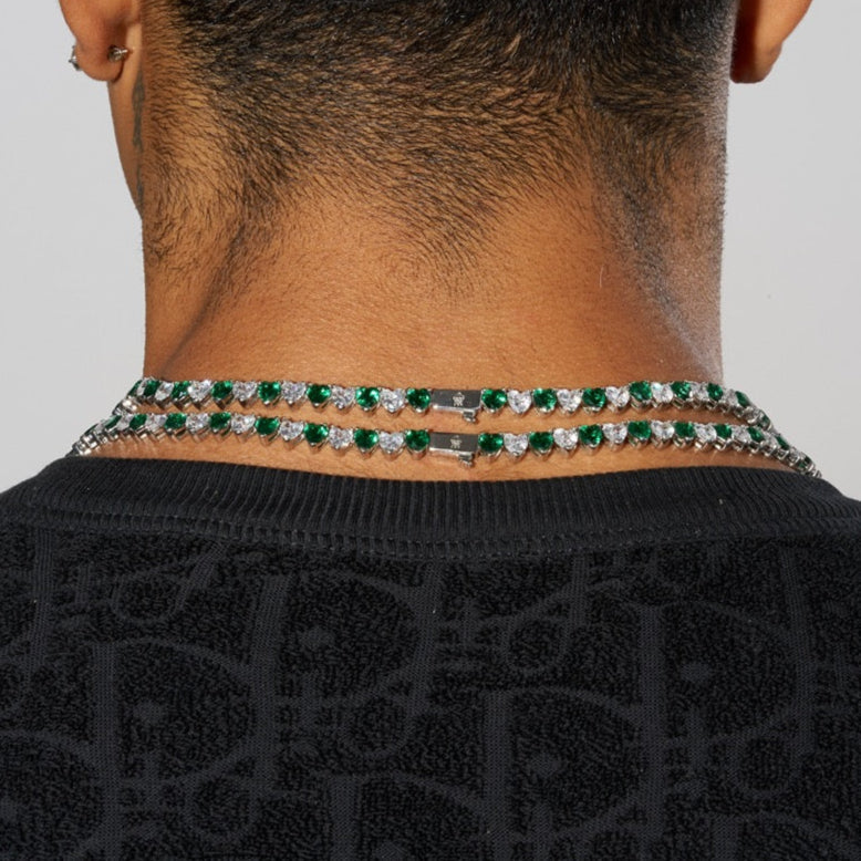 5mm Moissanite WHITE & GREEN HEART TENNIS CHAIN - 925 Silver - D Colour - VVS1