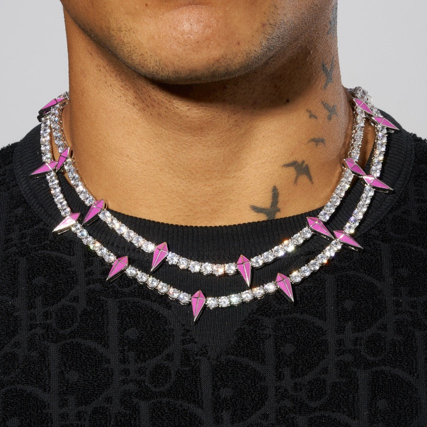 5mm Moissanite PINK PAVE SPIKE TENNIS CHAIN - 925 Silver - D Colour - VVS1