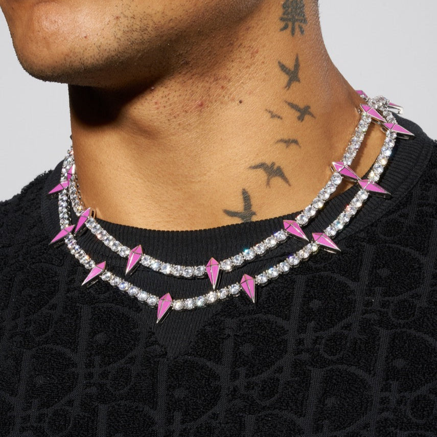 5mm Moissanite PINK PAVE SPIKE TENNIS CHAIN - 925 Silver - D Colour - VVS1