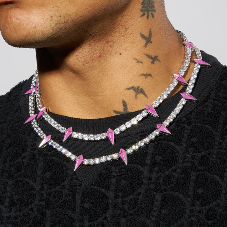 5mm Moissanite PINK PAVE SPIKE TENNIS CHAIN - 925 Silver - D Colour - VVS1