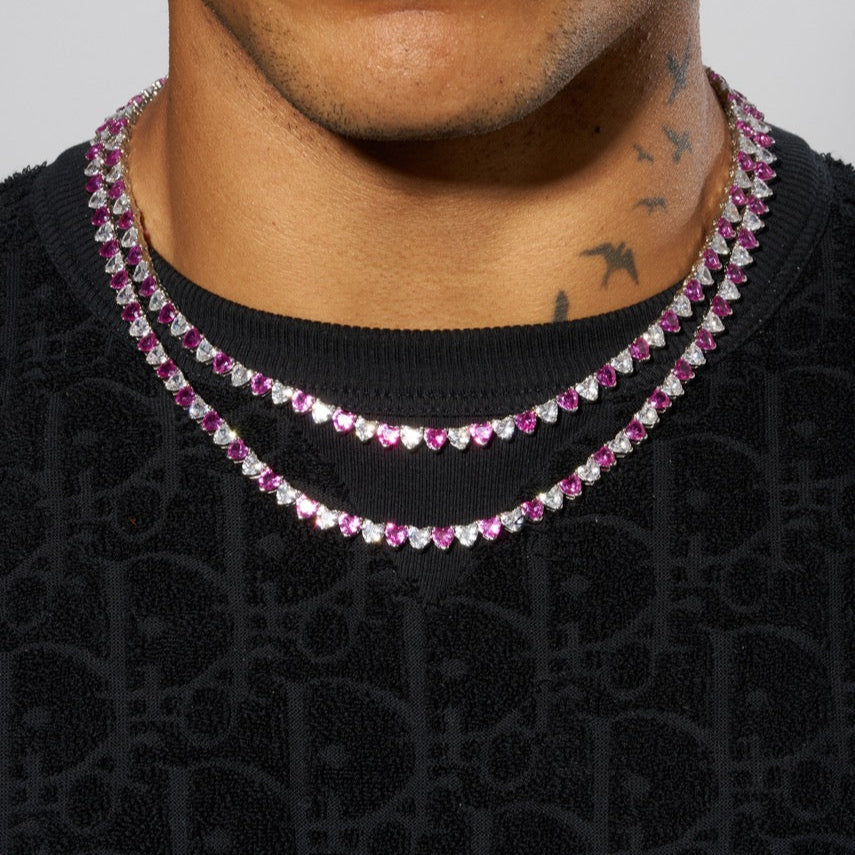 5mm Moissanite White & Pink Heart Cut Tennis Chain - 925 Silver - D Colour - VVS1