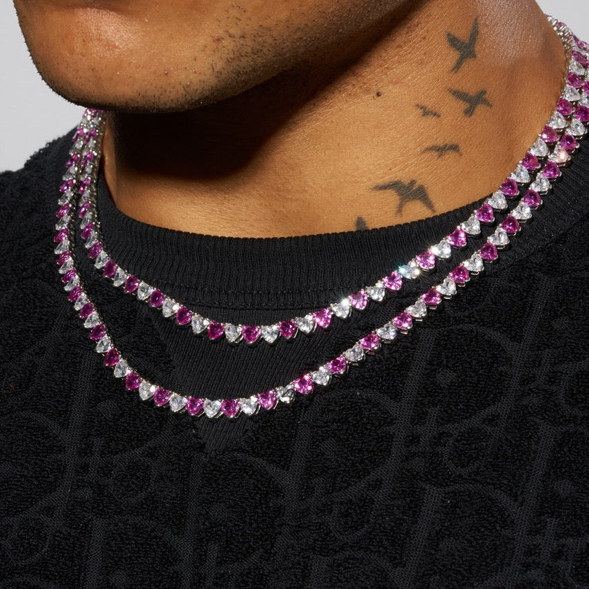 5mm Moissanite White & Pink Heart Cut Tennis Chain - 925 Silver - D Colour - VVS1