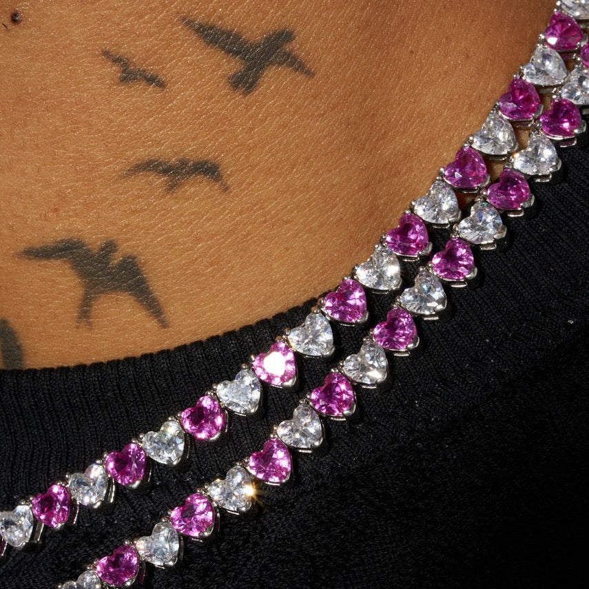 5mm Moissanite White & Pink Heart Cut Tennis Chain - 925 Silver - D Colour - VVS1
