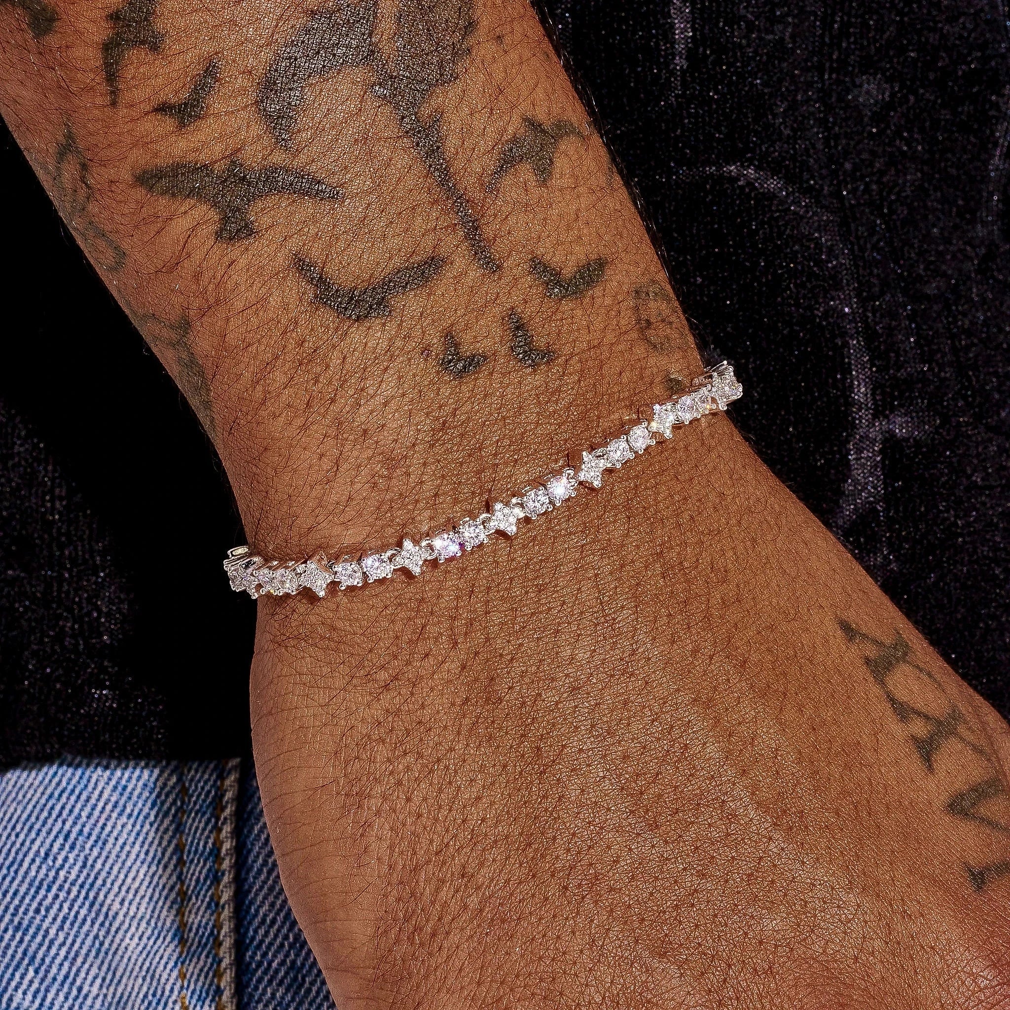 3MM Round & Star Iced Tennis Bracelet - White Gold