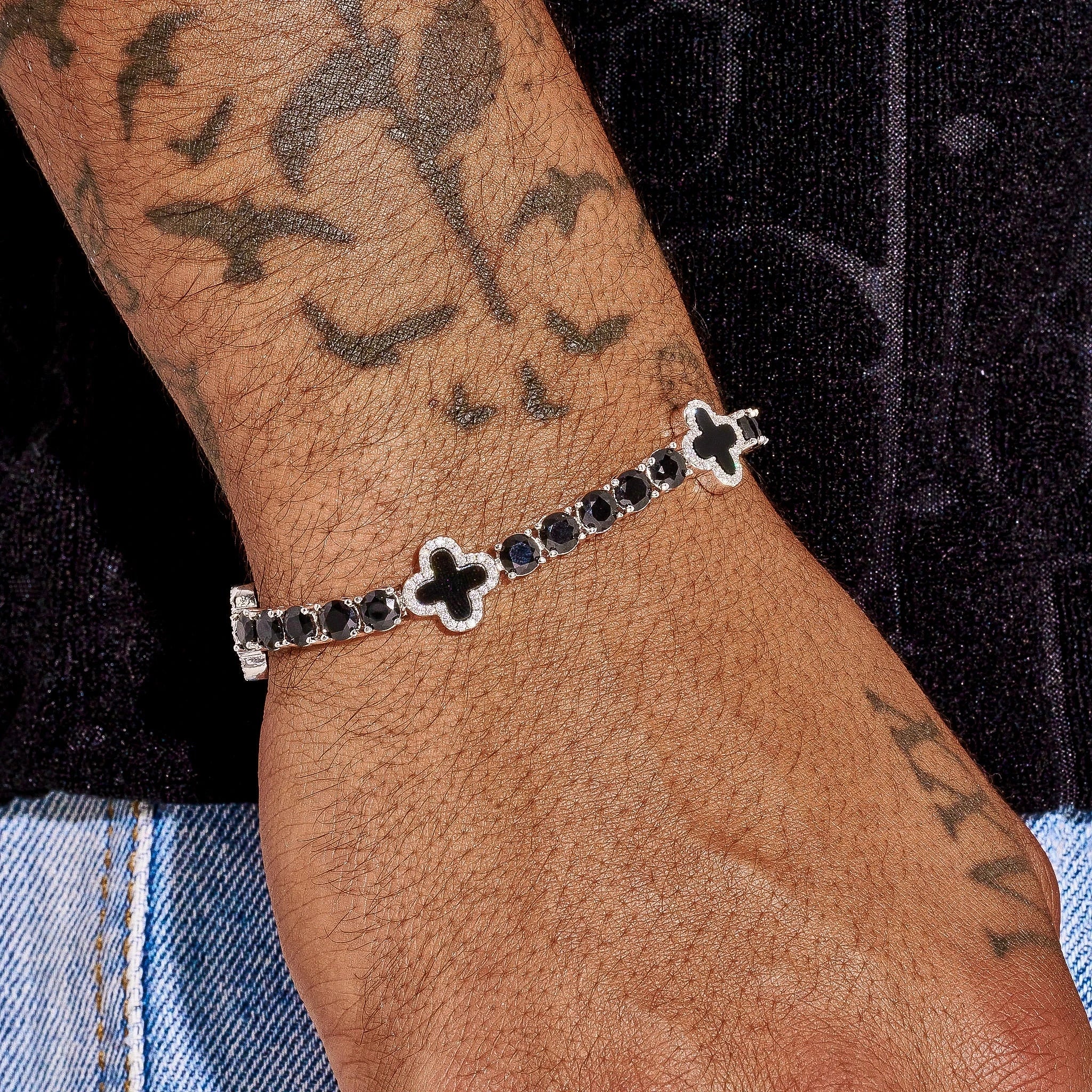 5MM Black Four Leaf Clover Tennis Bracelet - White Gold