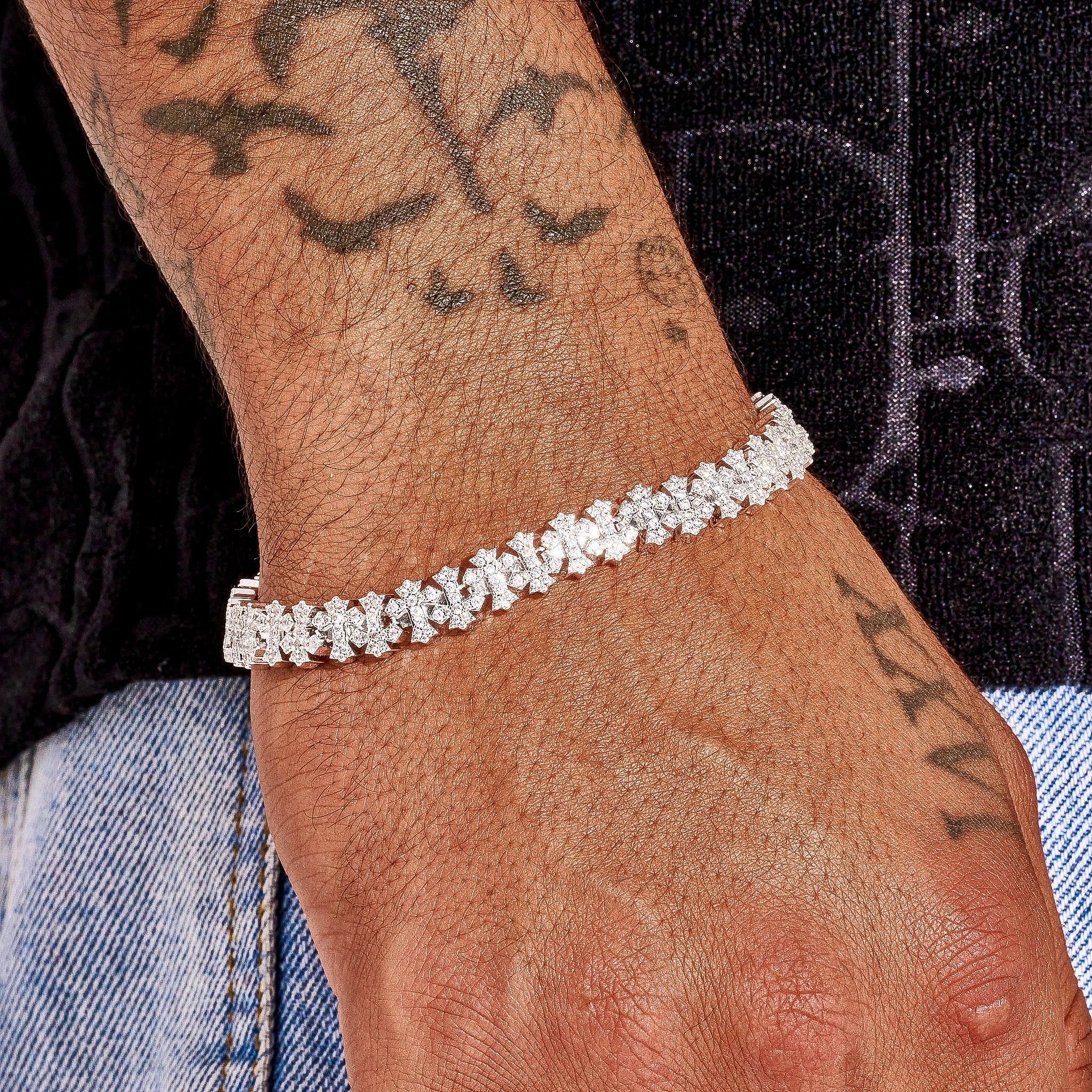 8.5MM Iced Out Cross Link Bracelet - White Gold
