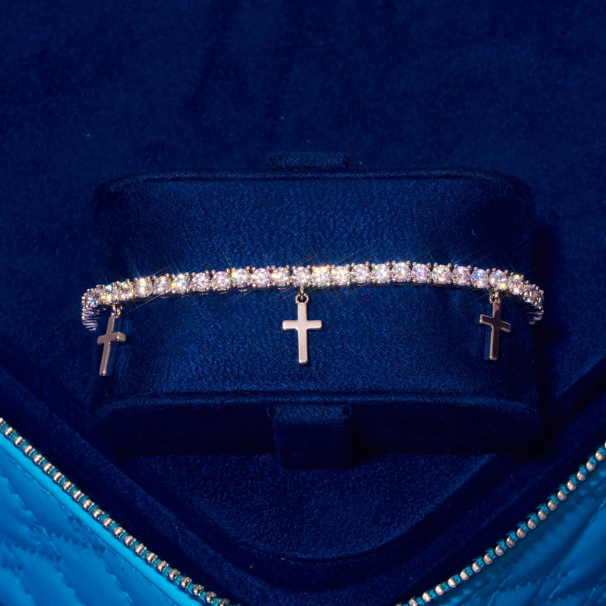 3MM Tennis Bracelet with Silver Crosses - White Gold