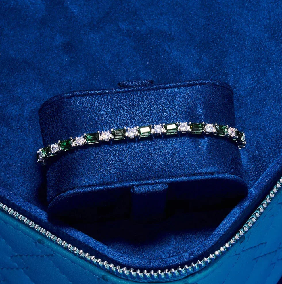 3mm GREEN AND WHITE TENNIS BRACELET - WHITE GOLD
