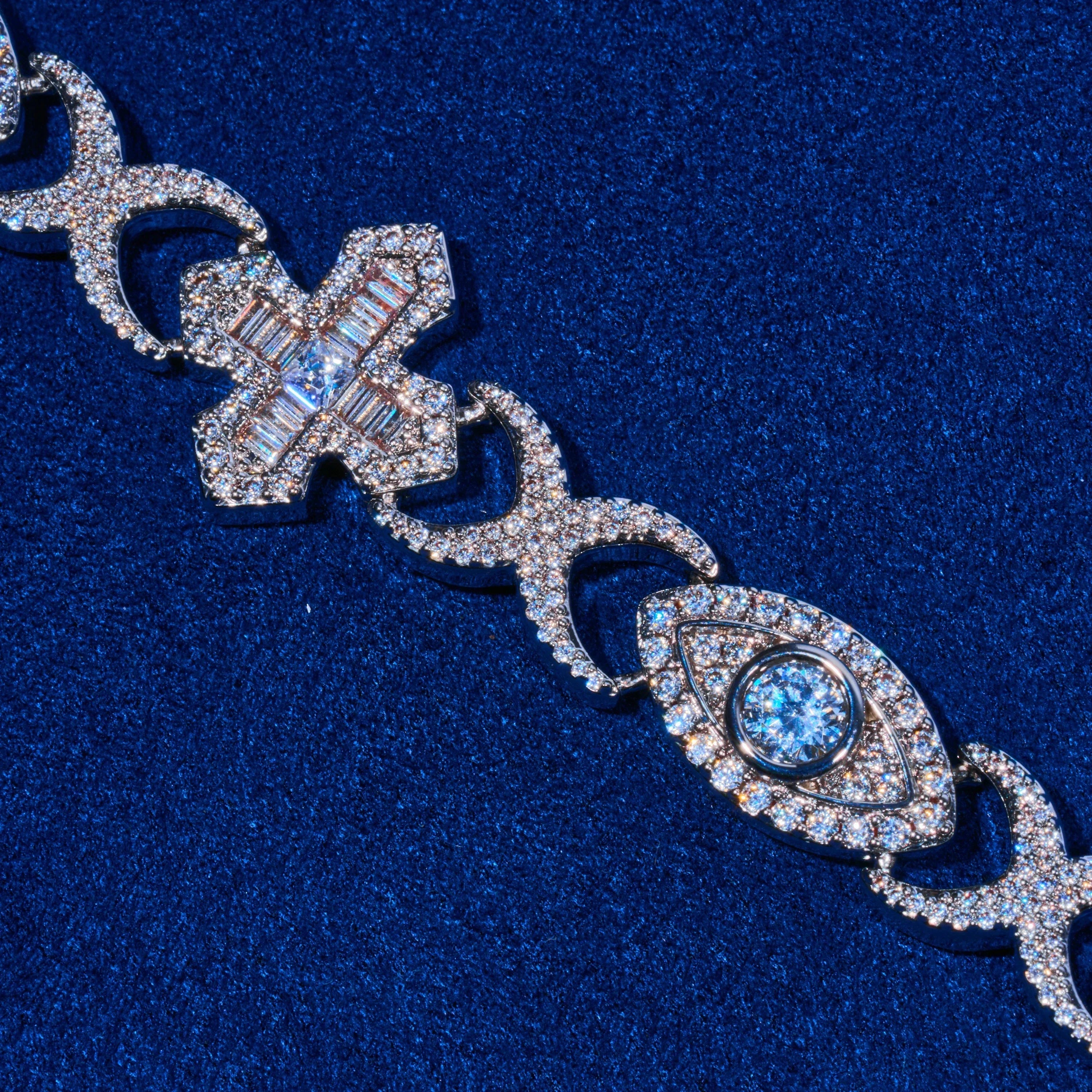 Baguette Cross Evil Eye Chain - White Gold