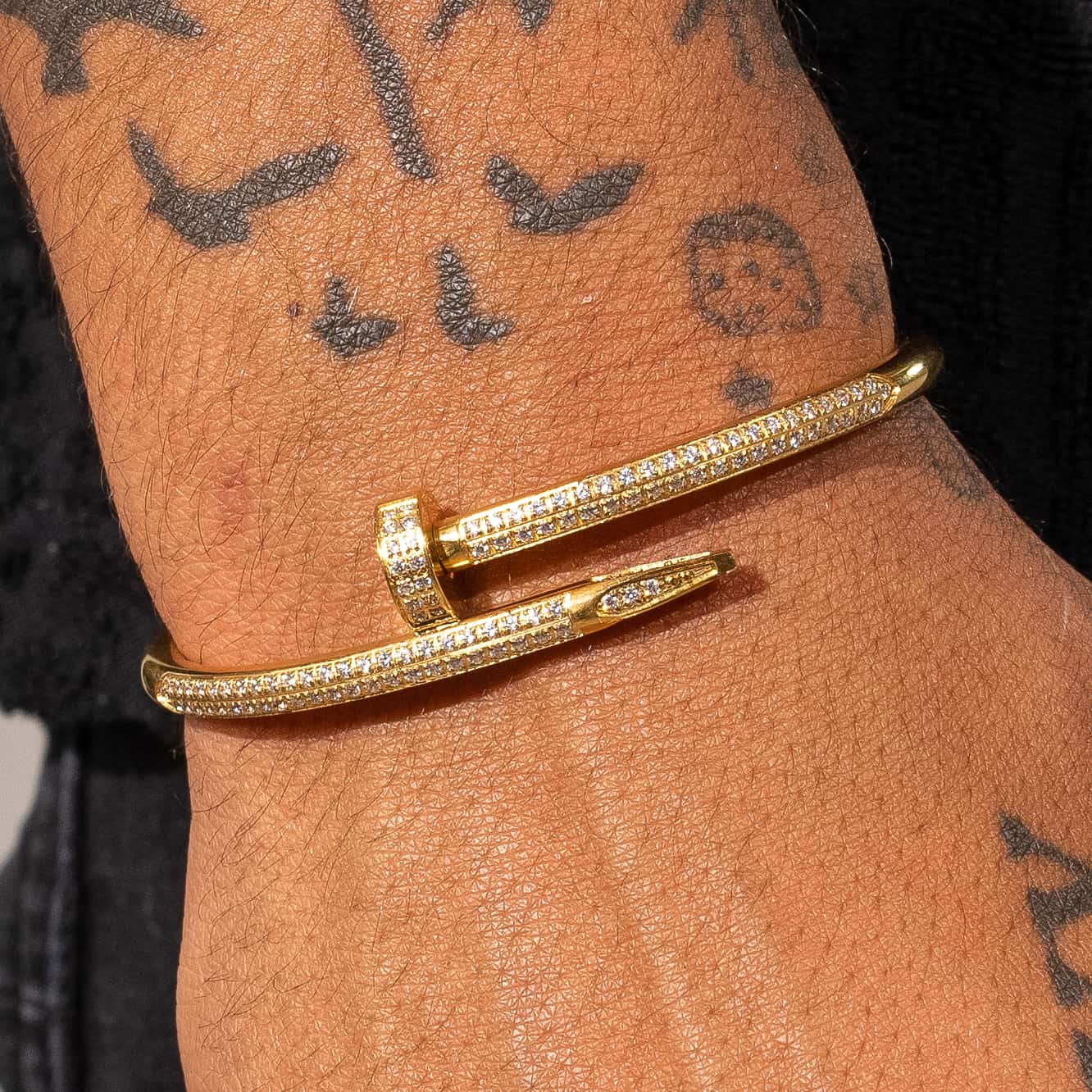 Iced Nail Bracelet - Gold, 18K PVD plated, worn on wrist.