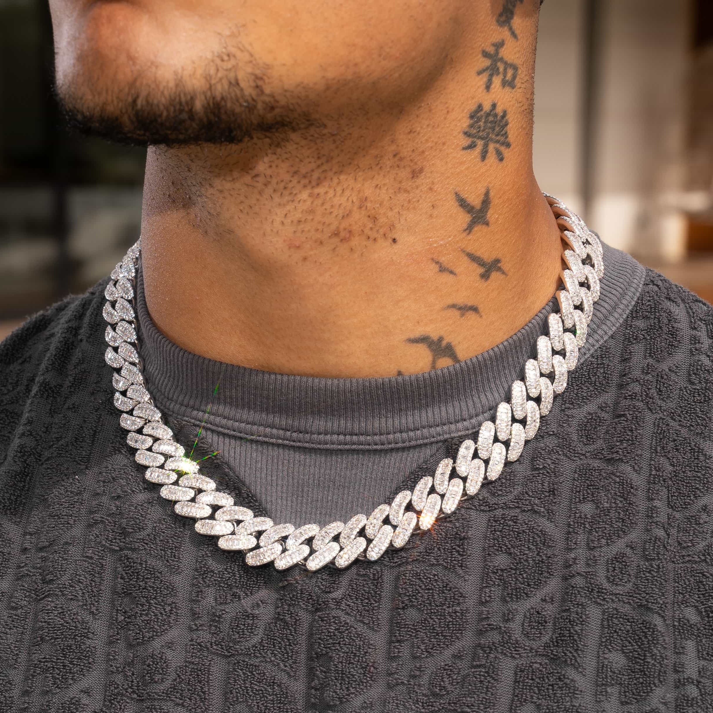 17mm Baguette Prong Link Cuban Chain - White Gold