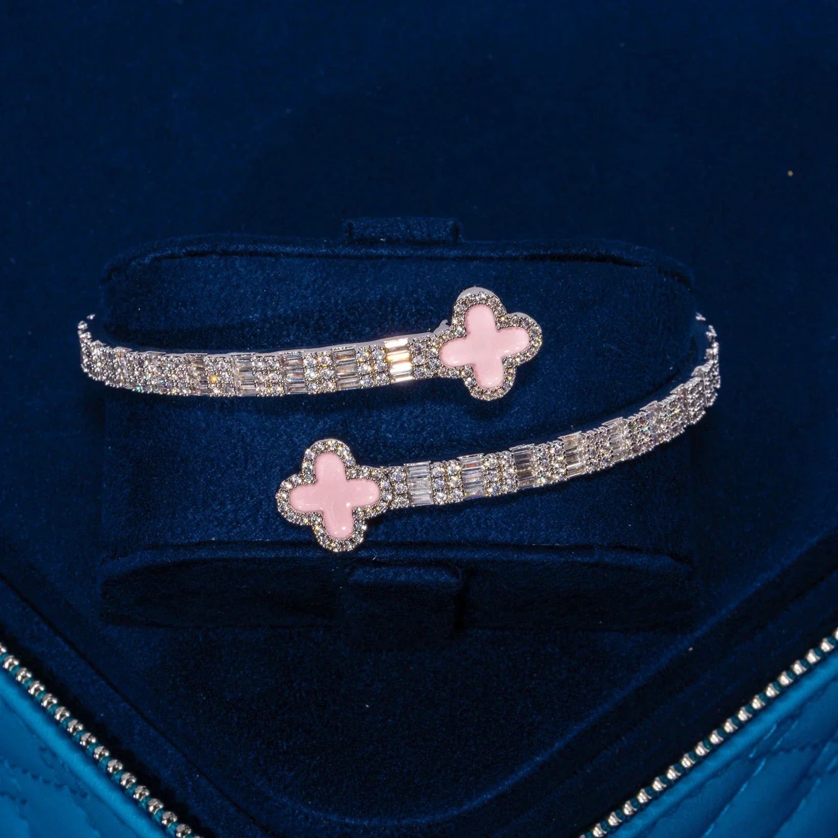 8MM Pink Motif Baguette Bangle - White Gold