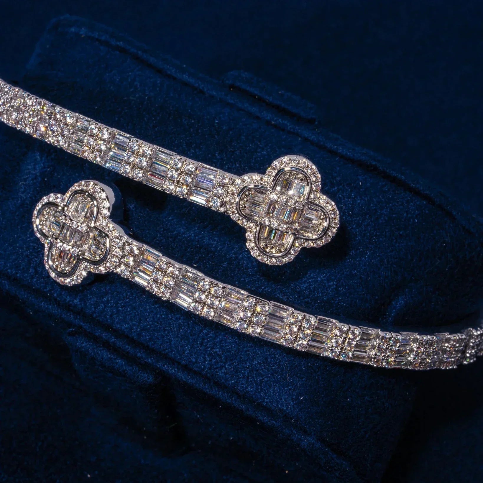 8MM Moissanite Iced Motif Baguette Bangle - 925 Silver - D Colour - VVS1