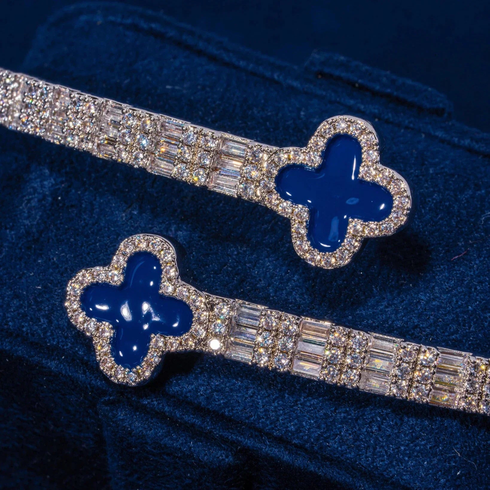 8MM Moissanite Blue Motif Baguette Bangle - 925 Silver - D Colour - VVS1