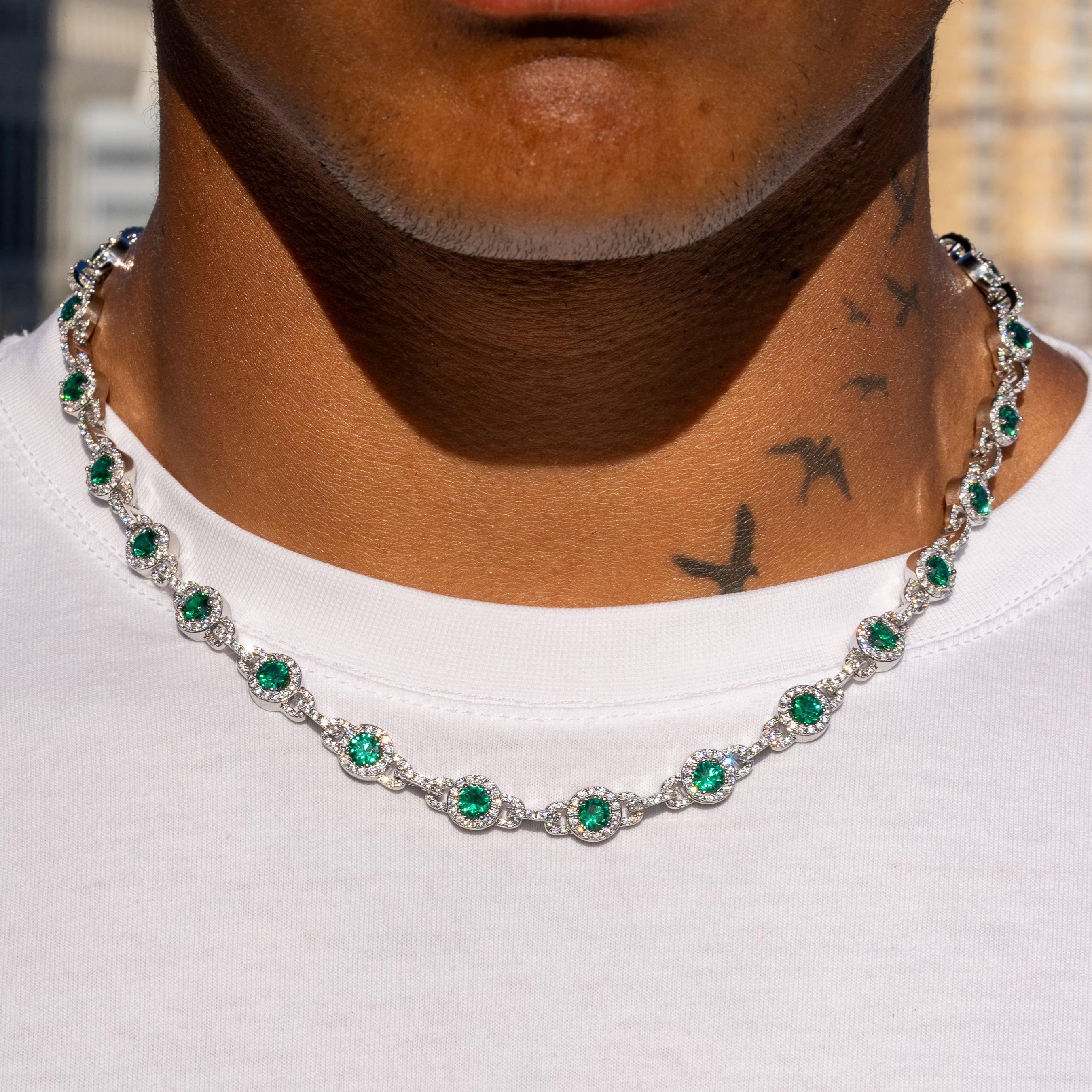 9mm GREEN CENTRE STONE LINK CHAIN - WHITE GOLD