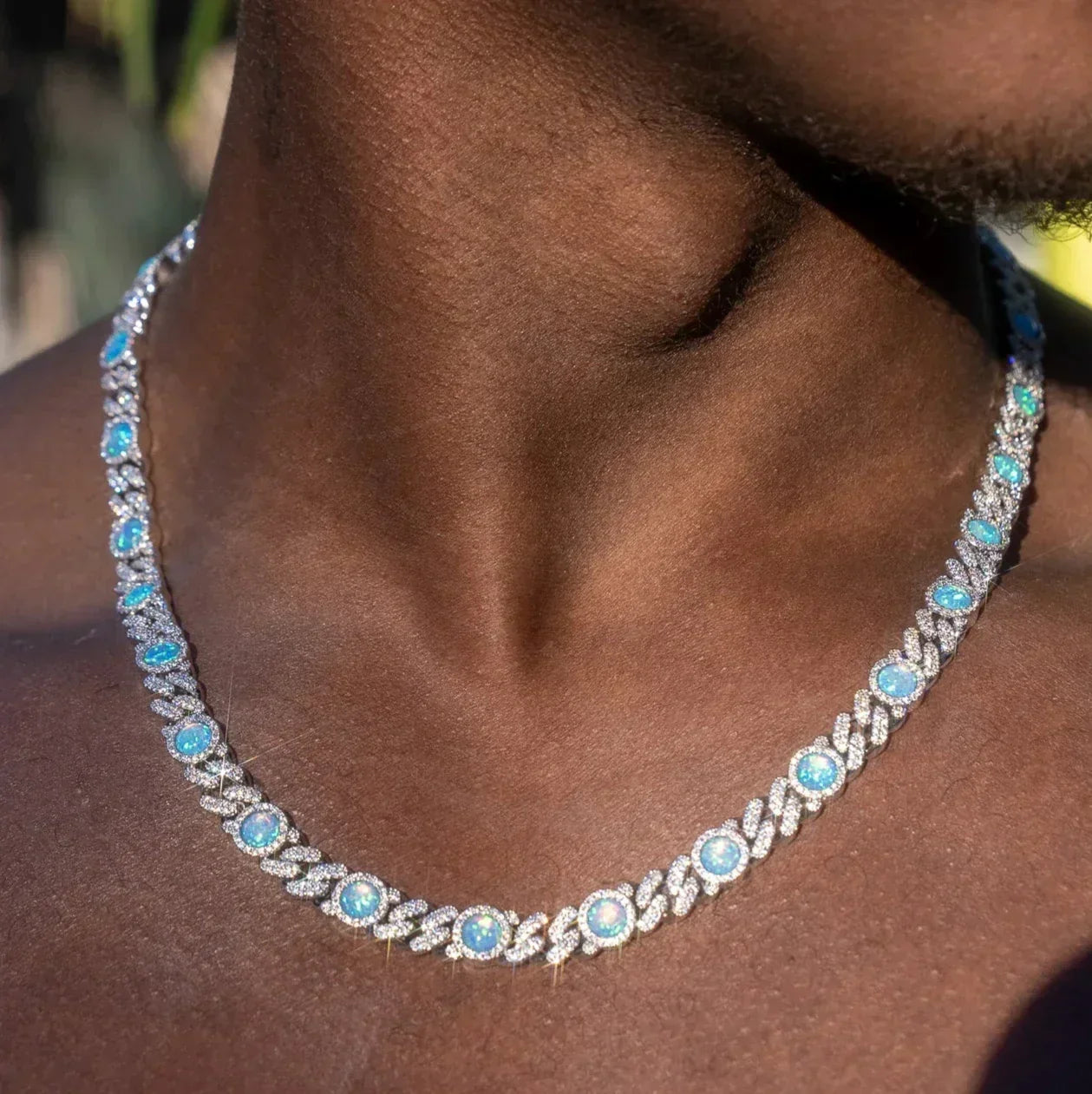 8MM Blue Moissanite Opal Classic Cuban Chain - 925 Silver - D Colour - VVS1