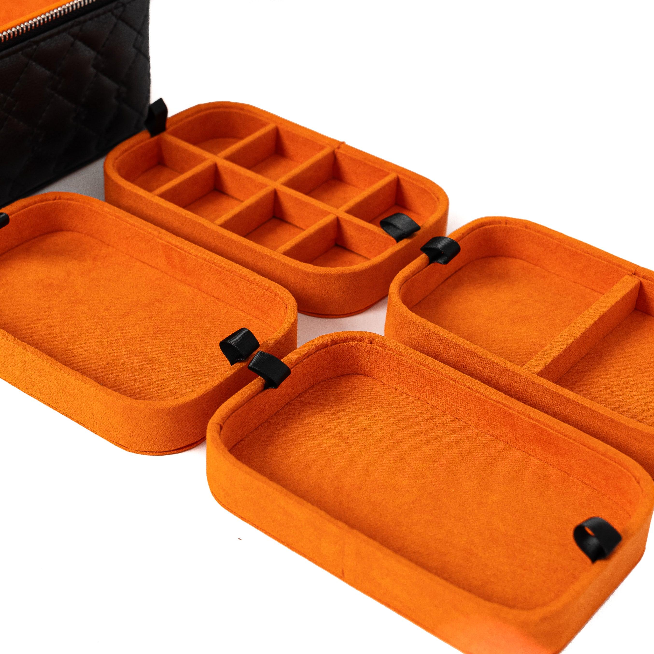 Leather Travel Jewelry Case - Jet Black & Orange