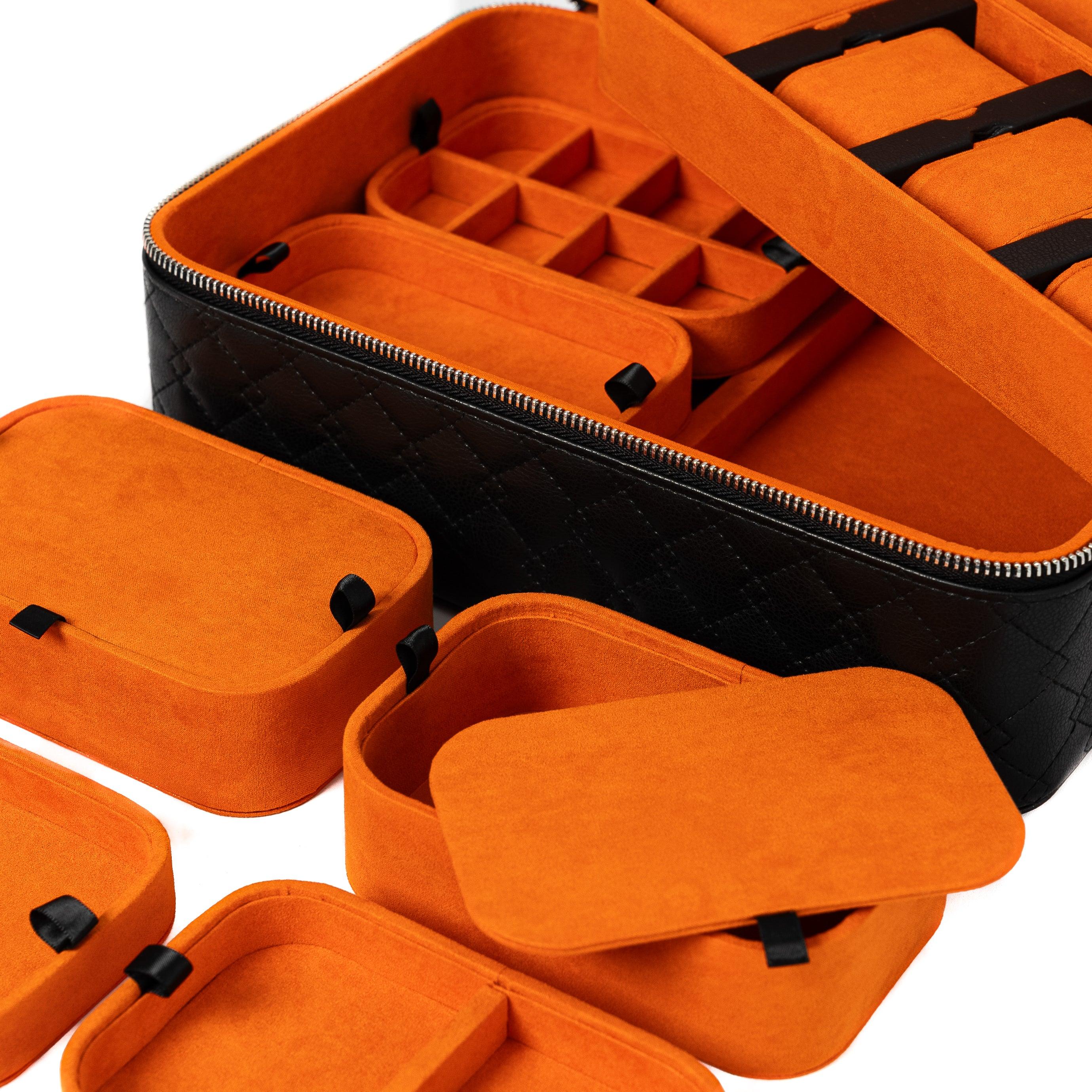 Leather Travel Jewelry Case - Jet Black & Orange
