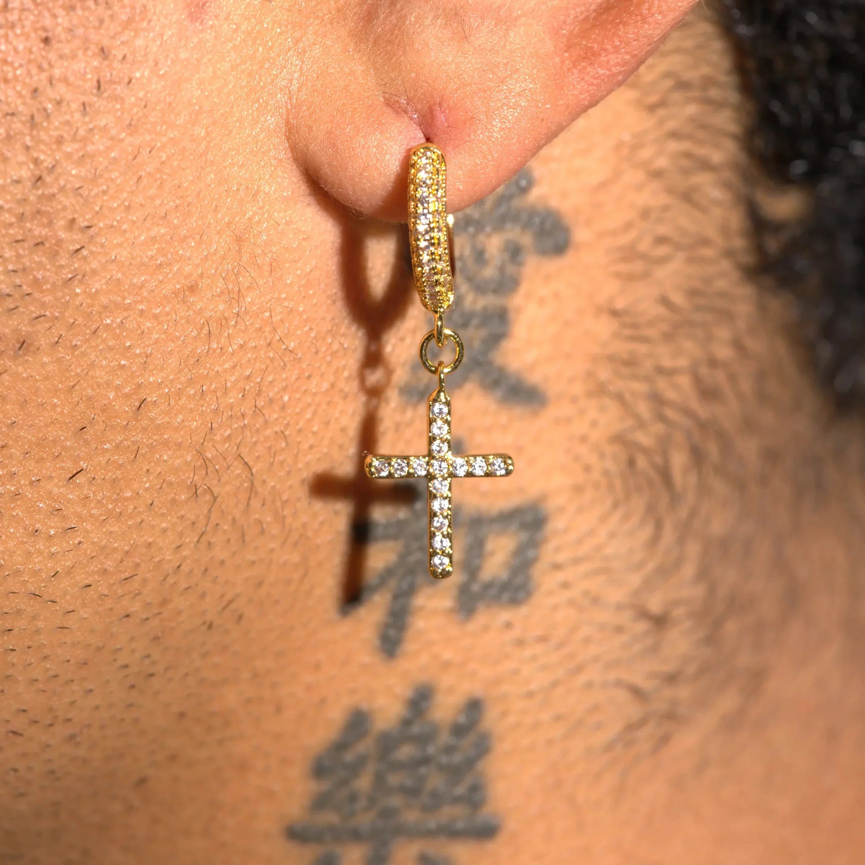 Iced Cross Earrings - Gold