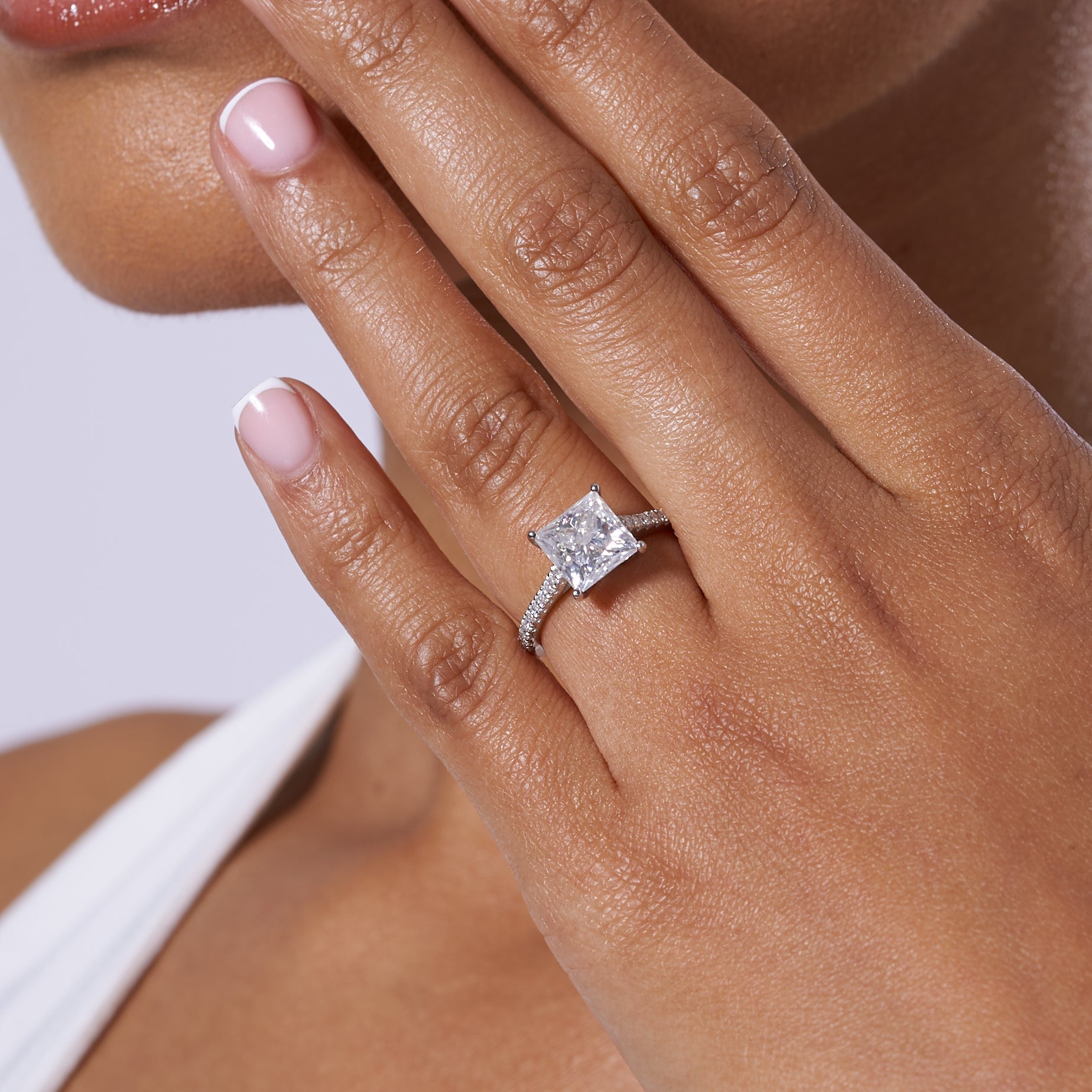 Princess Cut Solitare Pavé Band Moissanite Engagement Ring