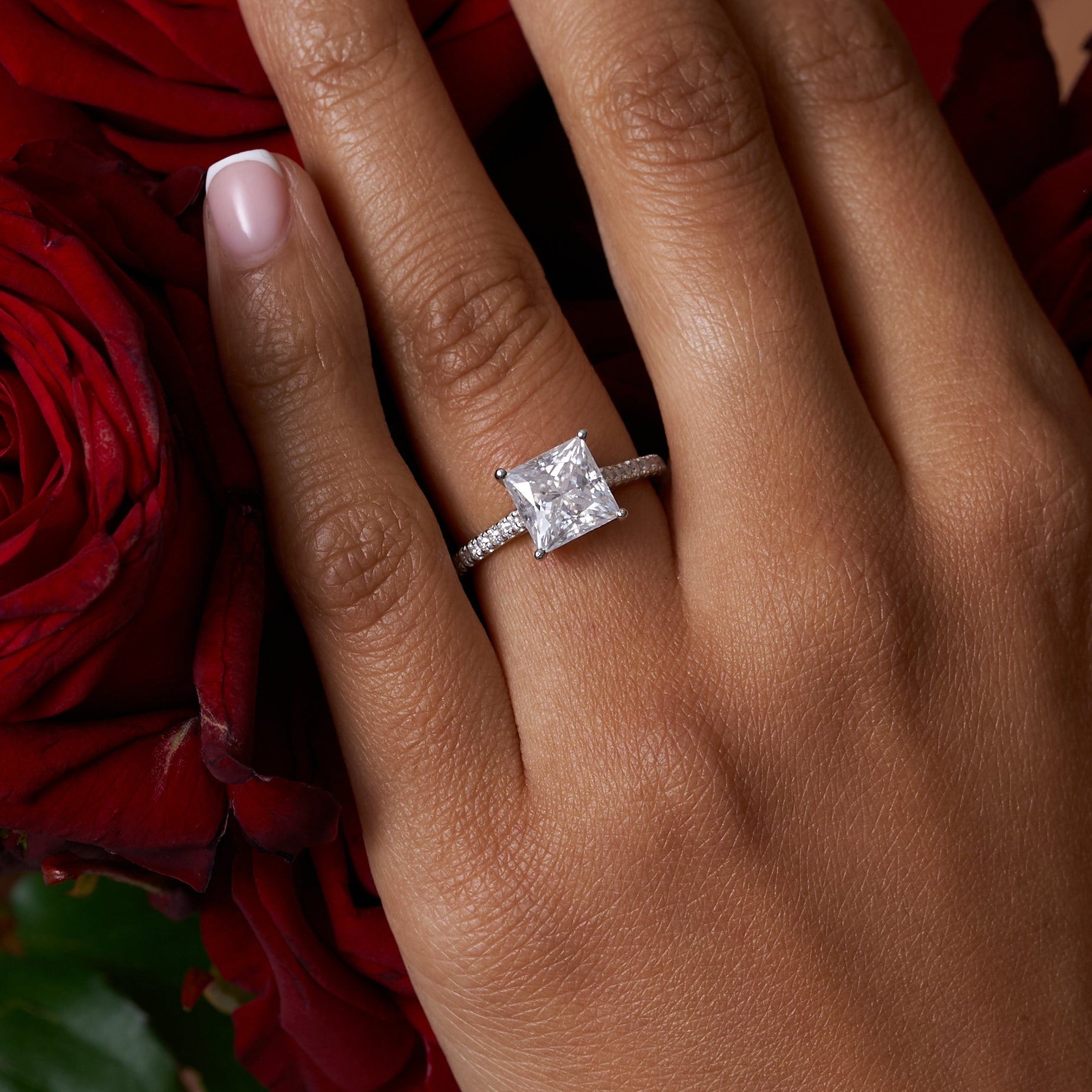 Princess Cut Solitare Pavé Band Moissanite Engagement Ring