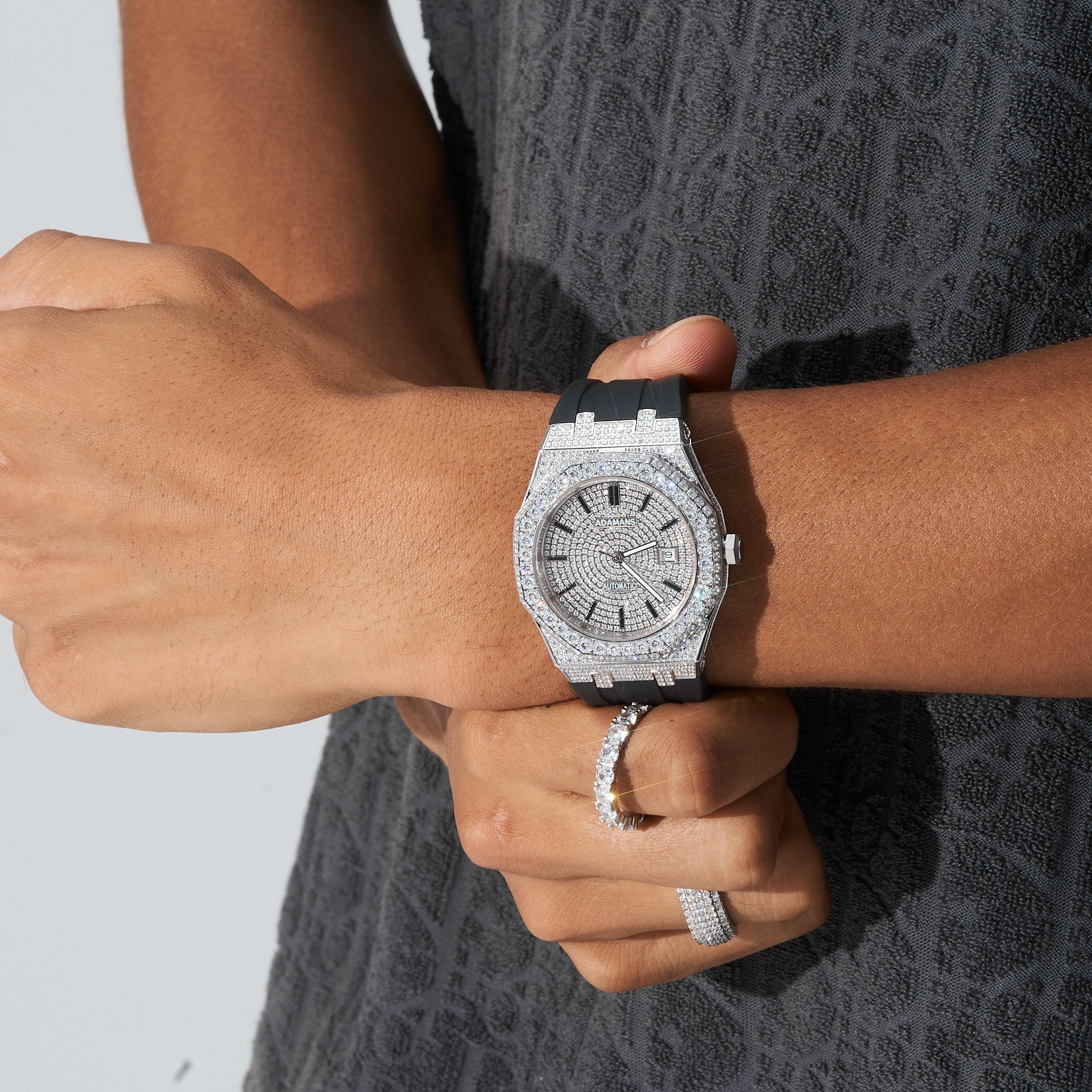 44mm Paved VVS Moissanite Diamond Silicone Band Watch - White Gold