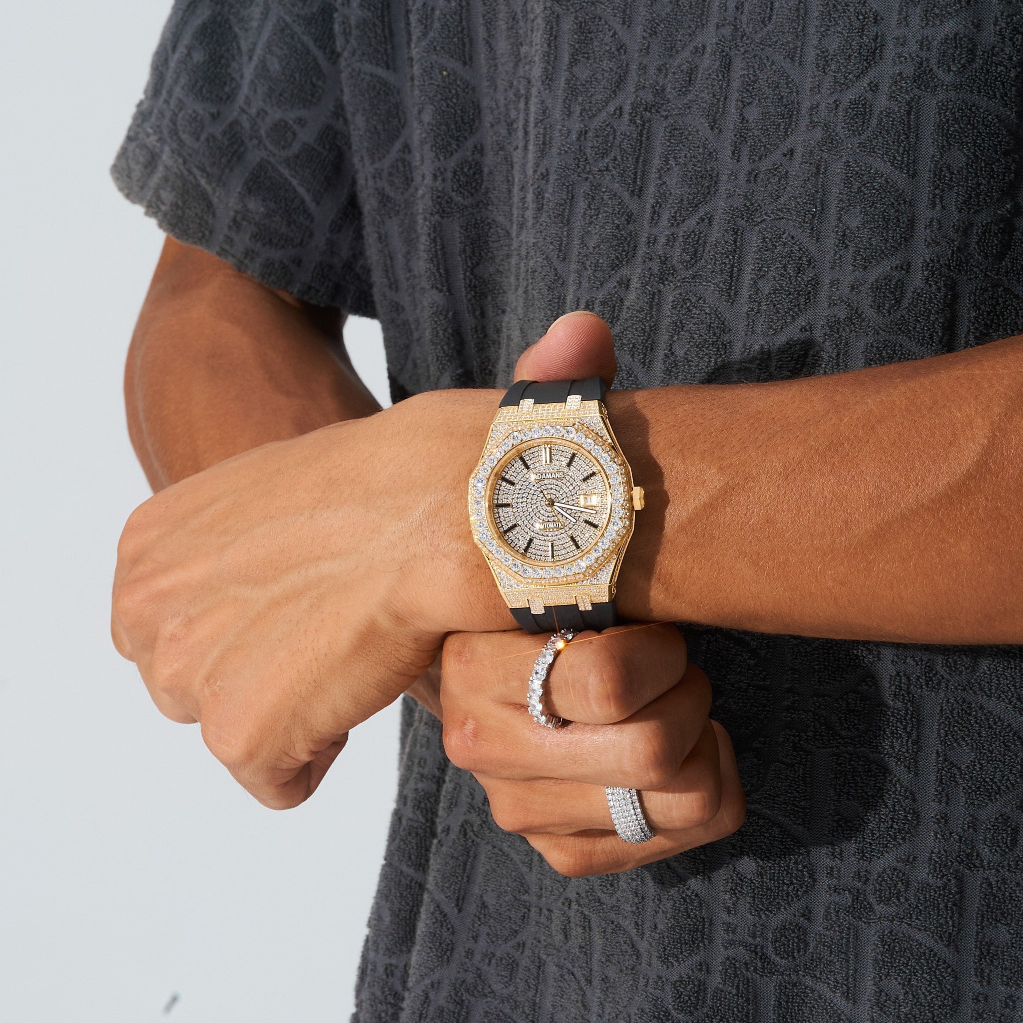 44mm Paved VVS Moissanite Diamond Silicone Band Watch - Gold