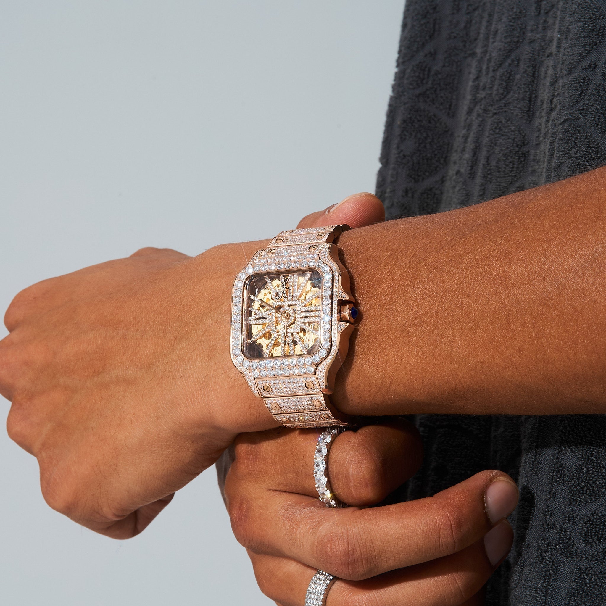 42mm Paved VVS Moissanite Diamond Skeleton Watch - Rose Gold