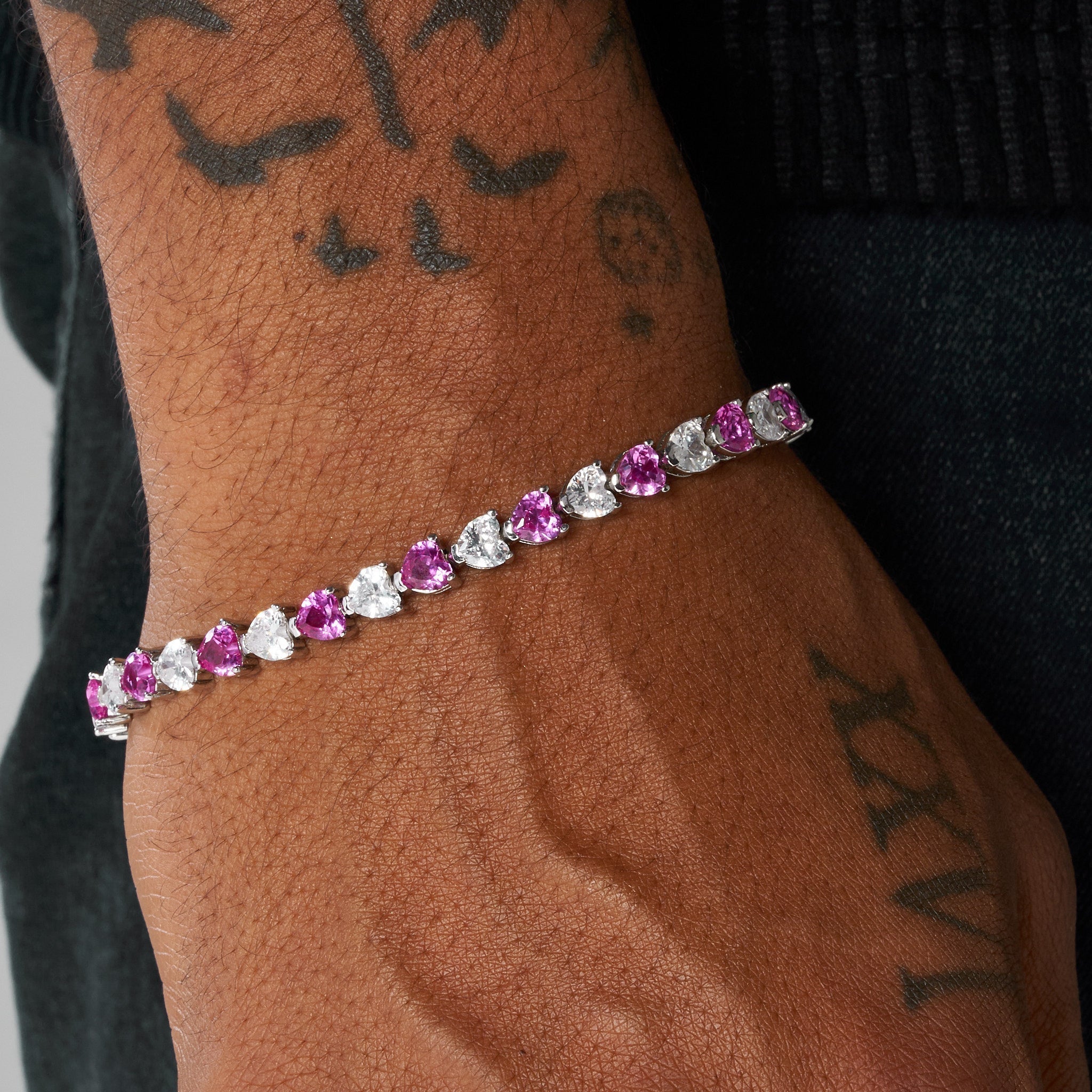 5mm WHITE & ROSE HEART TENNIS LINK BRACELET - WHITE GOLD