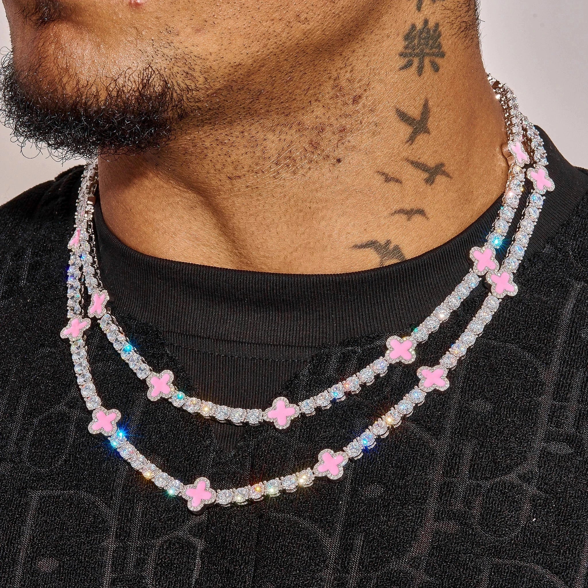 5MM Pink Motif Tennis Chain - White Gold