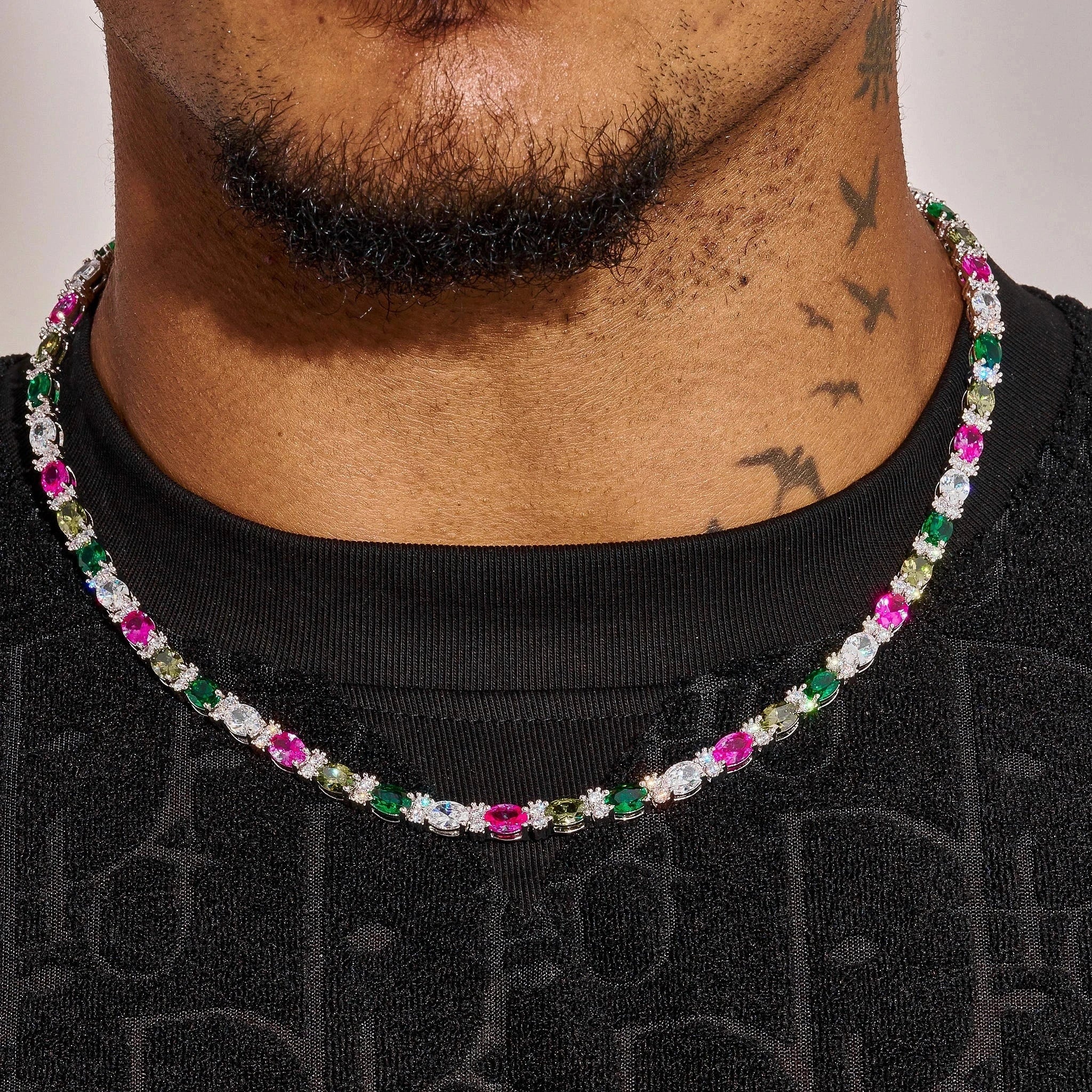 5MM Moissanite Multicolor Mixed Oval Cut Tennis Chain - 925 Silver - D Colour - VVS1