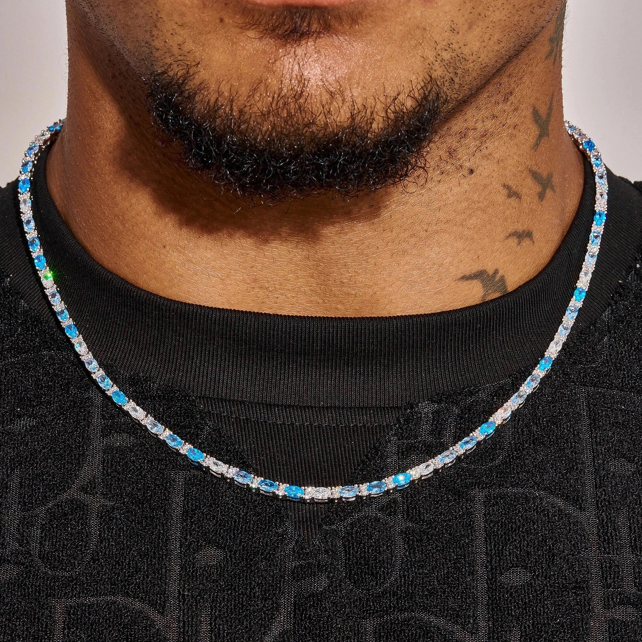 3MM Moissanite Blue Ovals Tennis Chain - 925 Silver - D Colour - VVS1